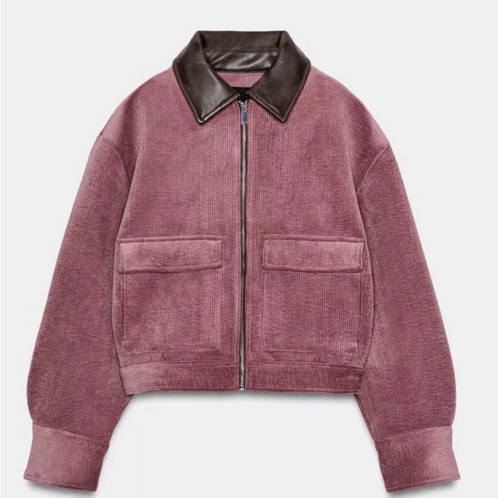 Corduroy Bomber Jacket with Leather Collar - Mauve Pink